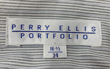 Load image into Gallery viewer, Perry Ellis Portfolio Mens Blue White Striped French Cuff Dress Shirt Size 16.5