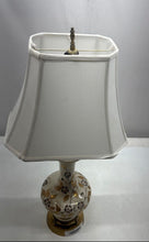 Load image into Gallery viewer, White Floral Pattern Table Light Brass Base Corded Electric Porcelain Lamp