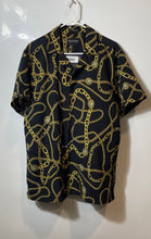 Load image into Gallery viewer, Drill Clothing Company Mens Black Gold Chain Print Stretch Button-Up Shirt Sz L