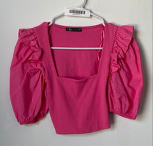 Load image into Gallery viewer, Zara Womens Pink Puff Sleeve Square Neck Cropped Blouse Top Size Small