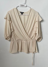 Load image into Gallery viewer, Express Womens Beige Faux Wrap Puff Sleeve V-Neck Peplum Top Size Large