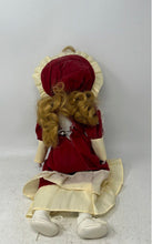 Load image into Gallery viewer, Red Dress Bonnet Lace Trim Yellow Buttons 16 Inch Collectible Porcelain Doll