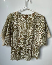 Load image into Gallery viewer, Zara Womens Green Printed Lace Trim Short Sleeve V-Neck Blouse Top Size L