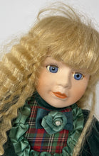 Load image into Gallery viewer, Vintage Collectible Porcelain Blonde Hair Blue Eyes Green Velvet Dress Girl Doll