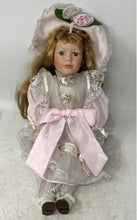Load image into Gallery viewer, Vintage Brown Hair Green Eyes Porcelain Doll In Pink Victorian Dress With Hat