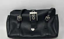 Load image into Gallery viewer, Details Womens Black Leather Buckle Double Handles Magnetic Shoulder Handbag