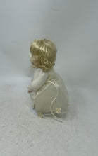 Load image into Gallery viewer, Antique Blonde Curly Hair Blue Eyes Ceramic Play Doll In Maxi Dress With Stand