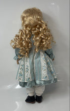 Load image into Gallery viewer, Blonde Curly Hair Green Eyes Vintage Style Rachel Porcelain Doll In Blue Outfit