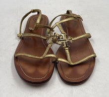 Load image into Gallery viewer, Authentic Tory Burch Womens Lowell Gold Brown Ankle Strap Sandal Sz 9.5M Stained
