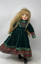 Load image into Gallery viewer, Vintage Collectible Porcelain Blonde Hair Blue Eyes Green Velvet Dress Girl Doll