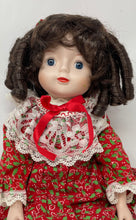 Load image into Gallery viewer, Dark Brown Curly Hair Blue Eyes Porcelain Girl Doll In Multicolor Maxi Dress