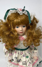 Load image into Gallery viewer, Vintage Curly Brown Hair And Blue Eyes Collectible Porcelain Doll In White Dress