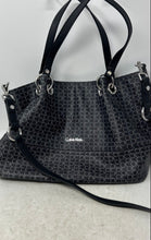 Load image into Gallery viewer, Calvin Klein Womens Black White Signature Print Leather Double Handle Tote Bag
