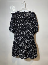 Load image into Gallery viewer, Zara Womens Black White Floral Puff Sleeve Crew Neck Ruffle Mini Dress Size XS