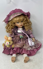 Load image into Gallery viewer, Vintage Blonde Hair Blue Eyes Porcelain Doll With Pink Dress Purse & Stuffed Toy