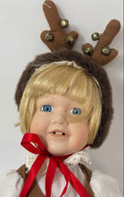 Load image into Gallery viewer, House Of Lloyd Girl Reindeer Brown White Red Ribbon Antler Hat Collector Doll