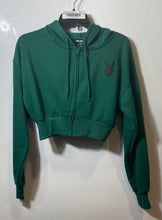Load image into Gallery viewer, Playboy Womens Green Graphic Logo Cropped Full-Zip Hoodie Size Medium