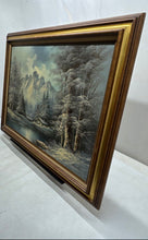 Load image into Gallery viewer, Landscape Mountain Cabin Winter Scene Framed Cole Signed Oleo Painting