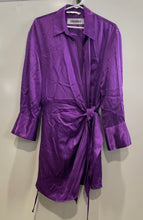 Load image into Gallery viewer, Zara Womens Purple Satin Long Sleeve Collared Tie Short Wrap Dress Size M