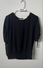 Load image into Gallery viewer, Michael Kors Womens Black Ruched Tie Short Sleeve Smocked Hem Blouse Top Size L