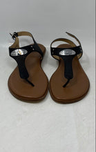 Load image into Gallery viewer, Michael Kors Womens MK Plate Logo Black Leather Buckle Thong Sandals Size 8.5M