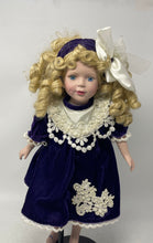 Load image into Gallery viewer, Vintage Collectible Blonde Curly Hair Porcelain Doll In Victorian Dress w/ Stand