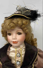 Load image into Gallery viewer, Curly Blonde Hair Brown Eyes Feather Hat Porcelain Doll Collectible With Outfit