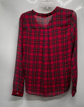 Load image into Gallery viewer, Tommy Hilfiger Womens Red Plaid Ruffle V-Neck Long Sleeve Blouse Top Size Medium