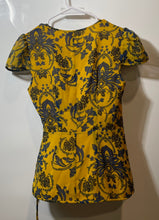 Load image into Gallery viewer, Bebe Womens Yellow Blue Floral Print Short Sleeve Wrap Blouse Top Size Small