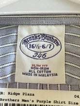 Load image into Gallery viewer, Brooks Brothers Mens 346 Purple Pinstripe Slim Fit Non-Iron Dress Shirt 16.5 6/7