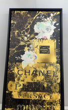 Load image into Gallery viewer, Decorative Framed Wall Art Print Of Stacked Designer Logos In Gold And Black