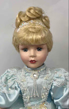 Load image into Gallery viewer, Vintage Collectible Blonde Curly Hair Porcelain Doll In Victorian Dress w/ Stand