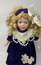 Load image into Gallery viewer, Vintage Collectible Blonde Curly Hair Porcelain Doll In Victorian Dress w/ Stand