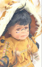 Load image into Gallery viewer, Brown Outfit Feathers Braids Face Paint Pattern Fringed Clothing Porcelain Doll