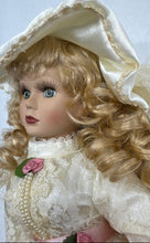 Load image into Gallery viewer, White Lace Dress Pink Ribbon Hat Curly Blonde Hair Collectible Porcelain Doll