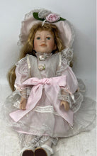 Load image into Gallery viewer, Vintage Brown Hair Green Eyes Porcelain Doll In Pink Victorian Dress With Hat