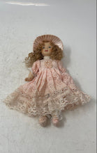 Load image into Gallery viewer, Vintage Blonde Curly Hair Porcelain Mini Doll With Dress & Hat Outfit