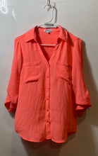 Load image into Gallery viewer, Express Womens Neon Orange Roll-Tab Sleeve Collared Blouse Top Size Small