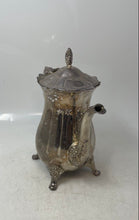 Load image into Gallery viewer, Silver Tone Floral Engraved Footed Swirl Handle Tea Pot With Hinged Lid