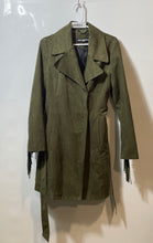 Load image into Gallery viewer, Karl Lagerfeld Paris Womens Green Faux Suede Fringe Belted Trench Coat Size S
