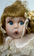 Load image into Gallery viewer, Collectible Surprised Blue Eyes Blonde Curly Hair Porcelain Doll In Lace Dress