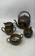 Load image into Gallery viewer, Lot Of 5 Pcs Vintage Keys Silver Tone Tea Pot With Sugar Bowls Creamer Cup Set
