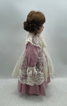 Load image into Gallery viewer, Brown Curly Hair Victorian Style Porcelain Doll In Pink White Maxi Dress