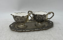 Load image into Gallery viewer, Vintage Silver-Tone Footed Floral Embossed Tea Coffee And Tray Set Of 3 Pcs