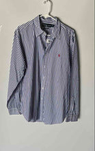 Load image into Gallery viewer, Ralph Lauren Mens White Blue Striped Cotton Classic Fit Button-Up Shirt Size L