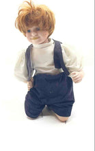 Load image into Gallery viewer, Boy Brown Hair Blue Eyes Sitting On Knees Porcelain Doll With Outfit