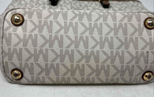 Load image into Gallery viewer, Michael Kors Womens Brown Ivory Signature Print Charm Bottom Studs Tote Handbag