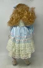 Load image into Gallery viewer, Vintage 40305 Blue Dress Lace Trim Curly Blonde Hair Collectible Porcelain Doll