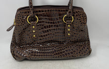Load image into Gallery viewer, Joan Rivers Womens Brown Crocodile Embossed Faux Leather Double Zip Tote Handbag