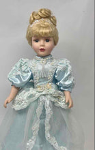 Load image into Gallery viewer, Vintage Collectible Blonde Curly Hair Porcelain Doll In Victorian Dress w/ Stand